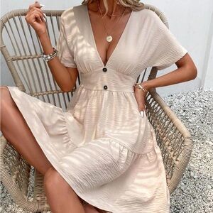 SHEIN Frenchy Plunging Neck Batwing Sleeve Ruffle Hem Dress Beige Sz SM